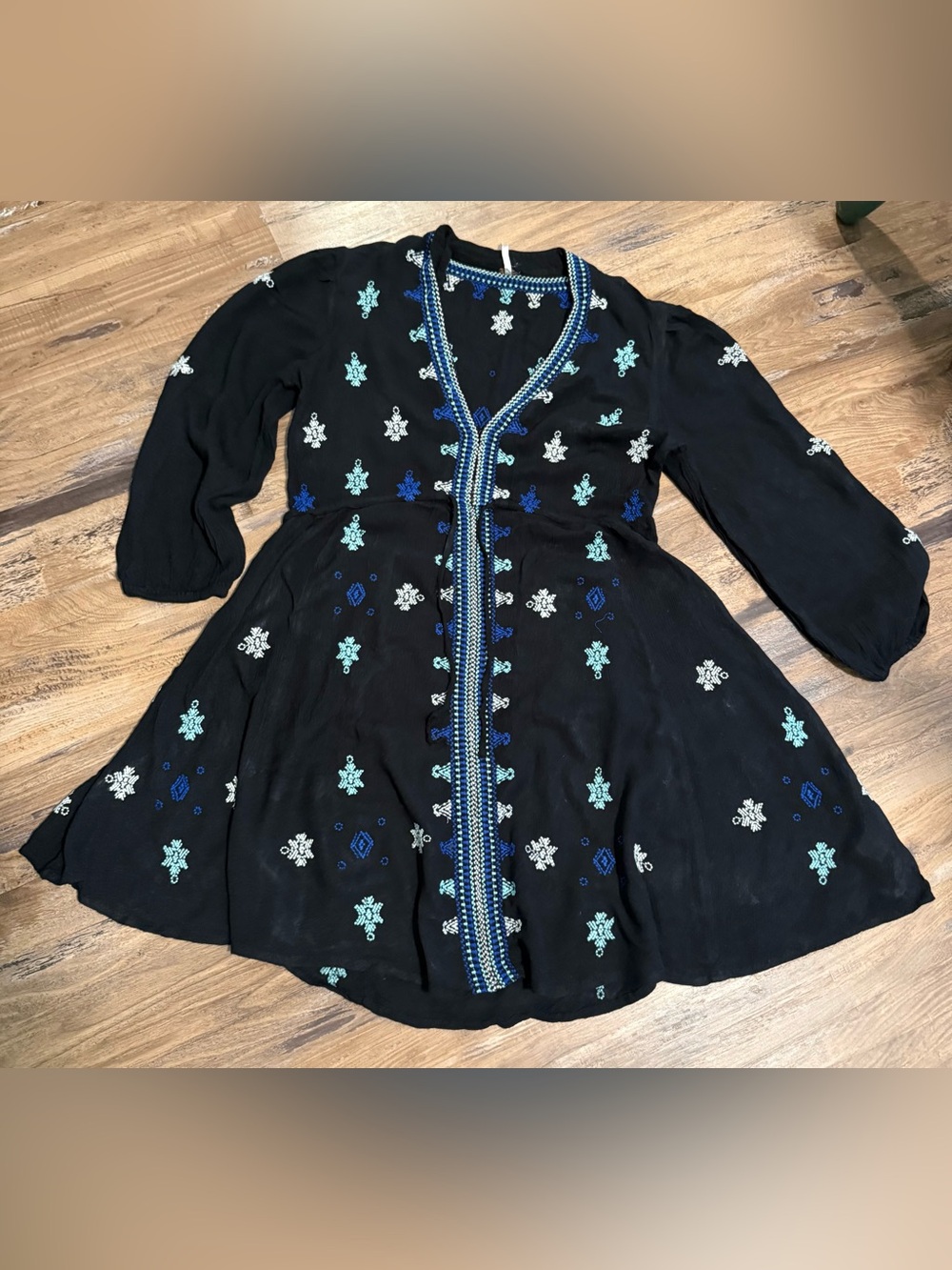 Free People Black Embroidered Boho Dress with Blue and Teal Accents